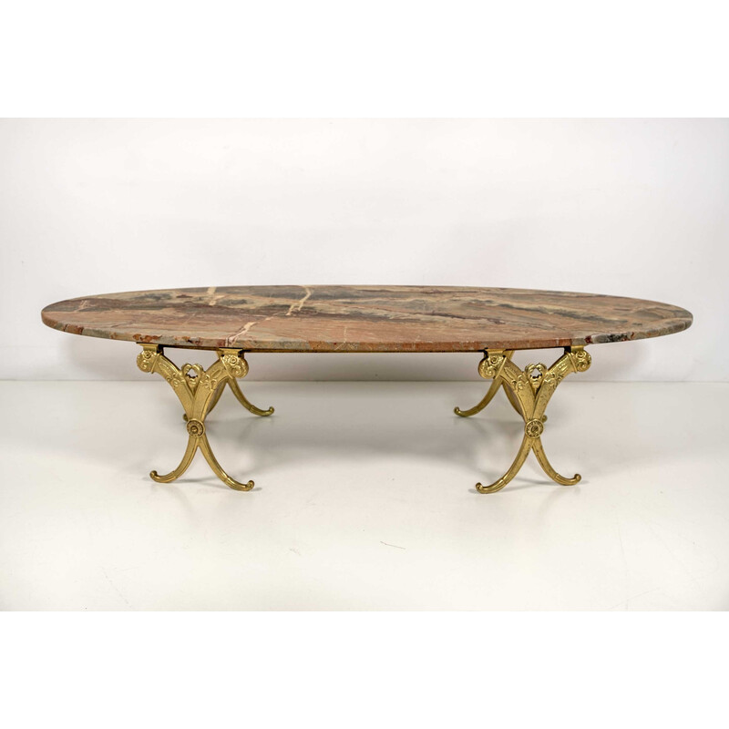 Vintage Italian brass and marble oval coffee table, 1950s