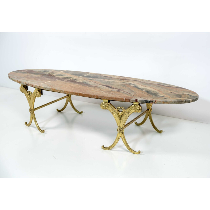 Vintage Italian brass and marble oval coffee table, 1950s
