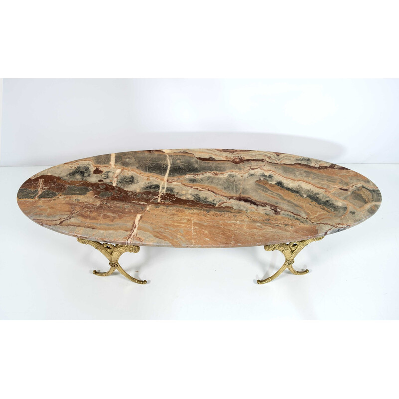 Vintage Italian brass and marble oval coffee table, 1950s