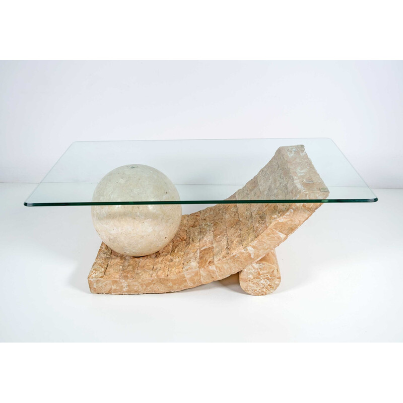 Vintage mactan stone and glass coffee table by Magnussen Ponte,1980s