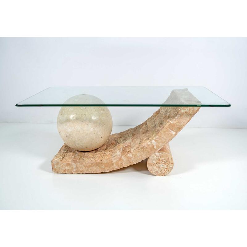 Table basse vintage en pierre de mactan et verre par Magnussen Ponte, 1980