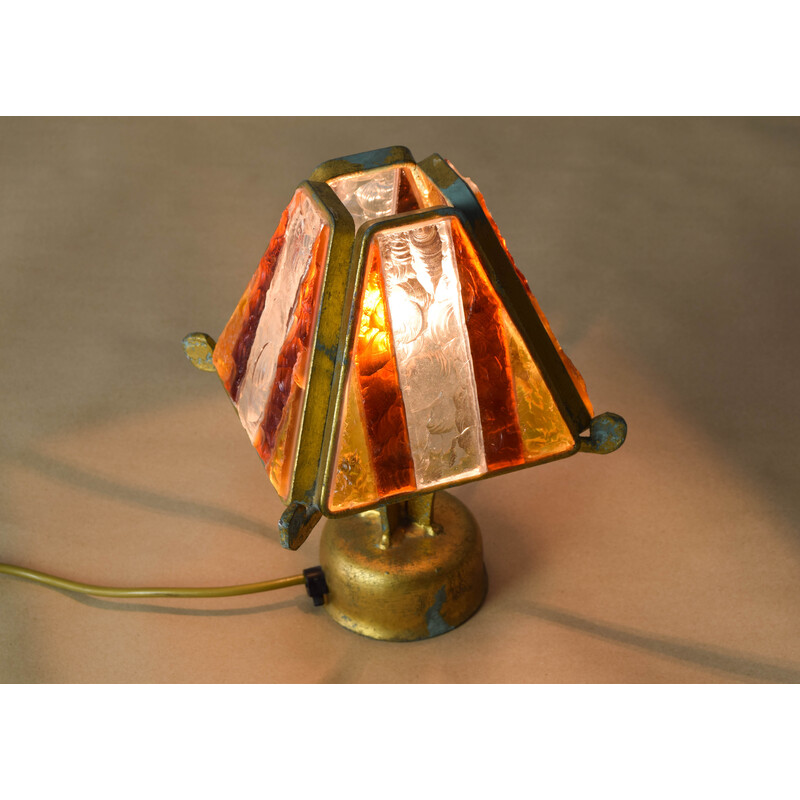 Vintage Brutalist table lamp in metal and hammered Murano by Longobard, Italy