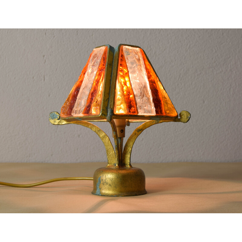 Vintage Brutalist table lamp in metal and hammered Murano by Longobard, Italy