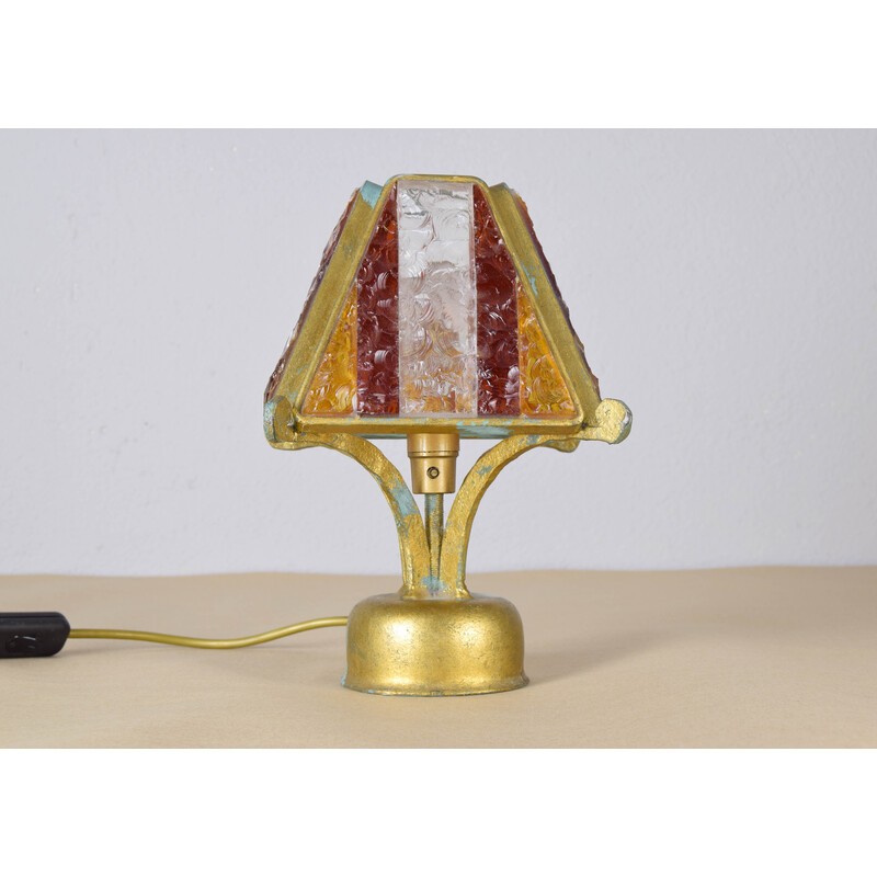 Vintage Brutalist table lamp in metal and hammered Murano by Longobard, Italy