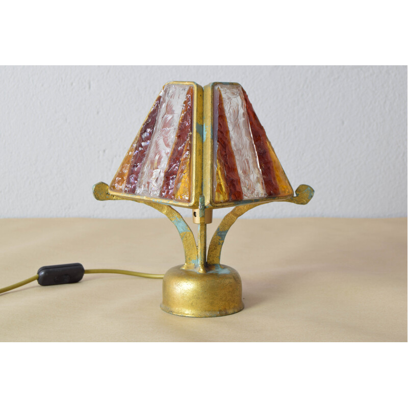 Lampe de table vintage brutaliste en métal et Murano martelé par Longobard, Italie