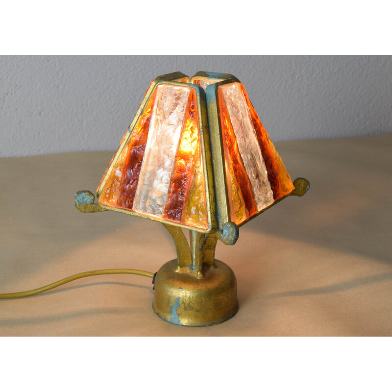 Vintage Brutalist table lamp in metal and hammered Murano by Longobard, Italy