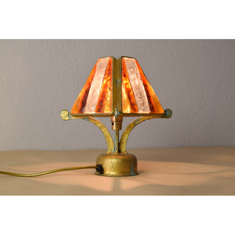 Vintage Brutalist table lamp in metal and hammered Murano by Longobard, Italy