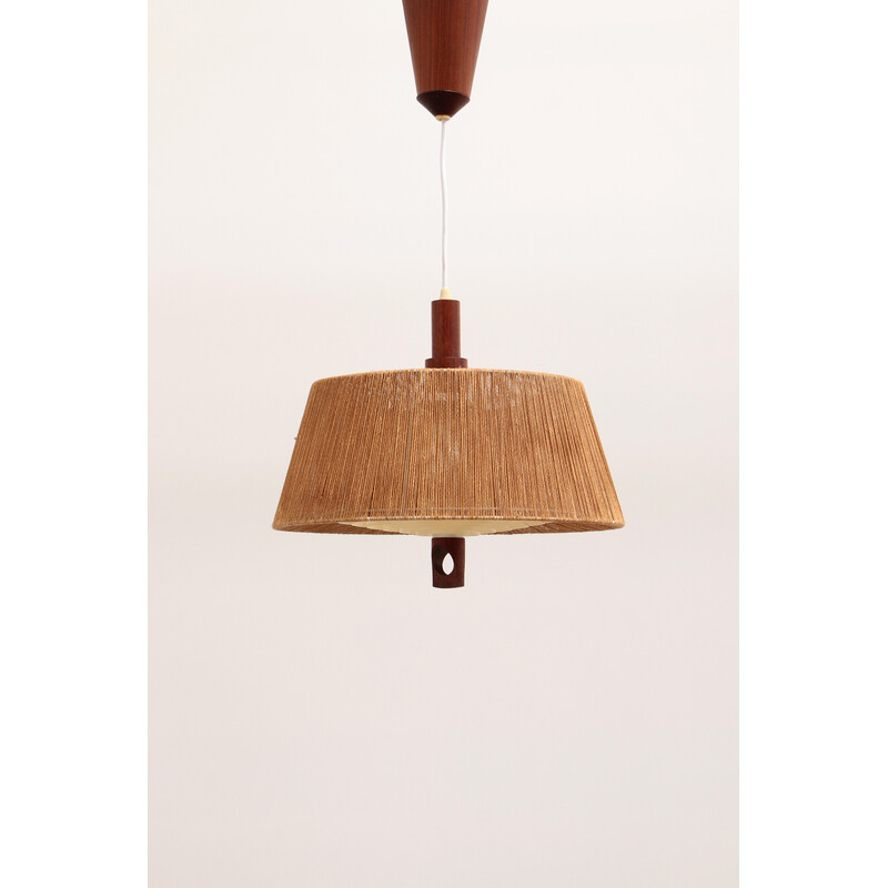 Vintage Temde pendant lamp with walnut and raffia, 1960s