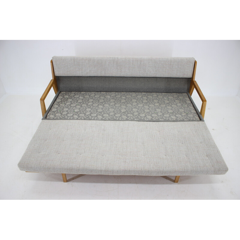 Vintage oakwood 3-seater sofa-bed, Czechoslovakia 1970s