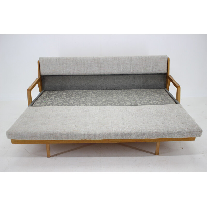 Vintage oakwood 3-seater sofa-bed, Czechoslovakia 1970s