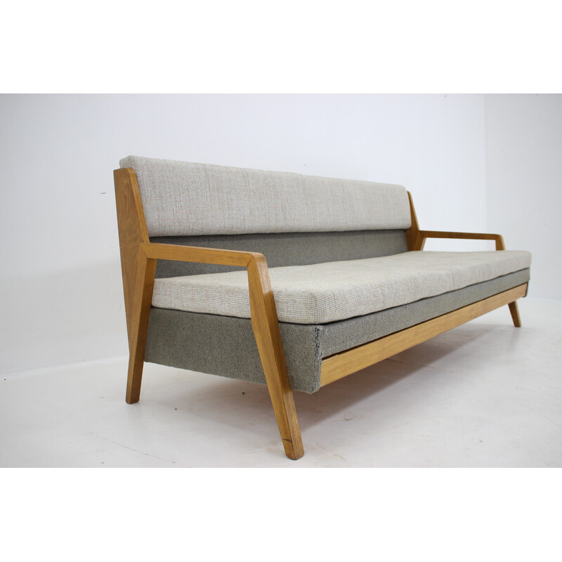 Vintage oakwood 3-seater sofa-bed, Czechoslovakia 1970s