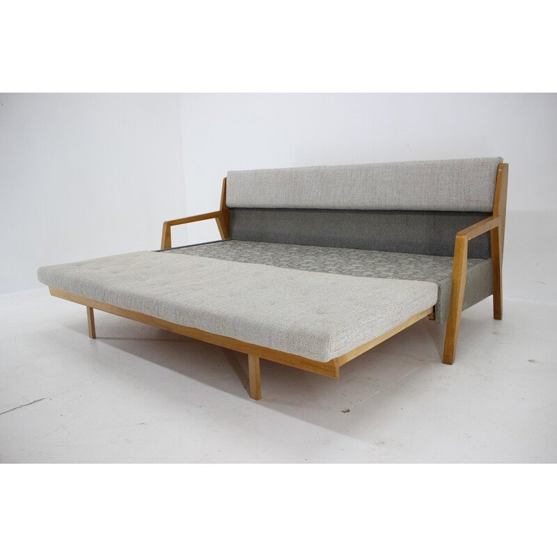 Sofá-cama de madeira de carvalho Vintage de 3 lugares, Checoslováquia 1970