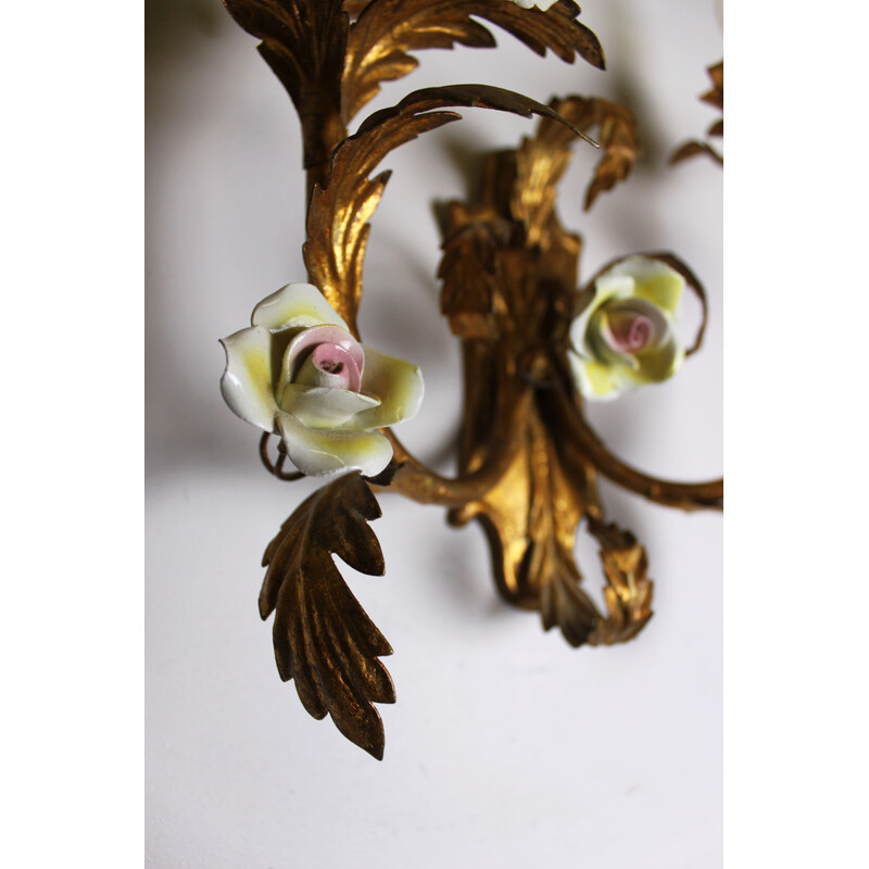 Pair of vintage gold wall lamps with porcelain flowers