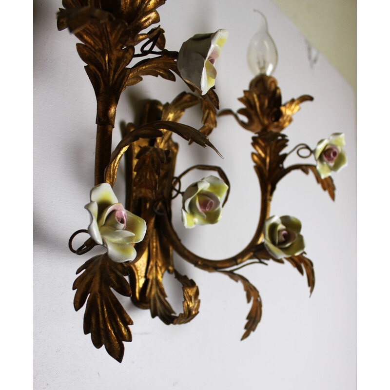 Pair of vintage gold wall lamps with porcelain flowers