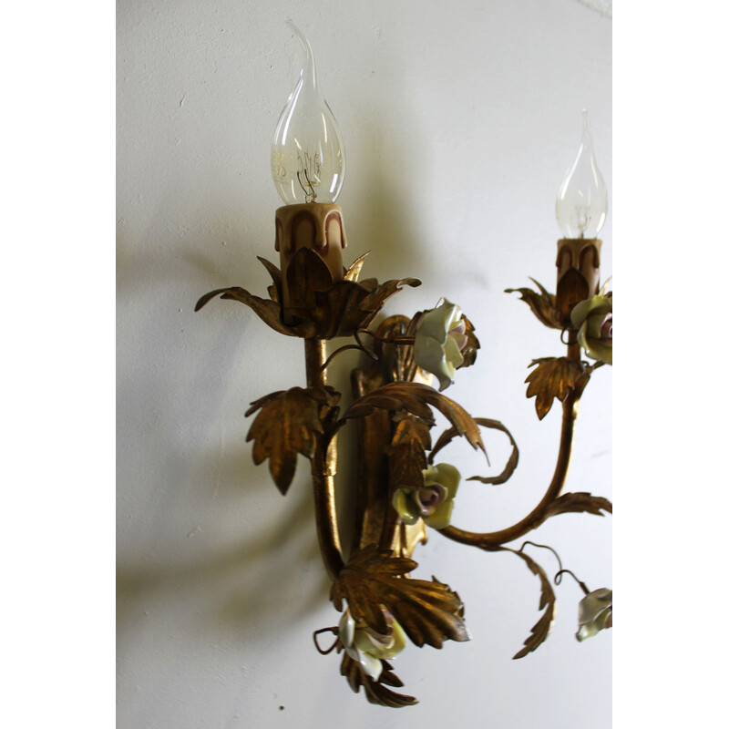 Pair of vintage gold wall lamps with porcelain flowers