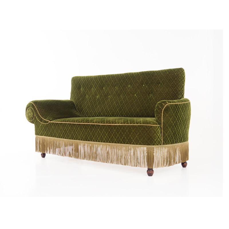 Vintage sofa bed in beech and green fabric