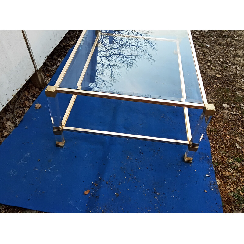 Vintage coffee table in brass, plexiglas and glass by Pierre Vandel