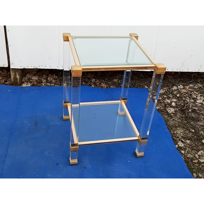 Vintage side table in brass, plexiglass and glass by Pierre Vandel