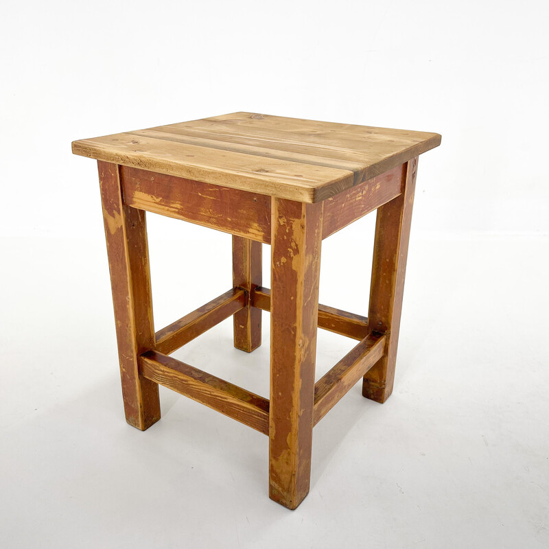 Tabouret carré vintage en bois, Tchécoslovaquie 1950