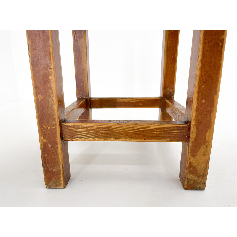 Tabouret carré vintage en bois, Tchécoslovaquie 1950