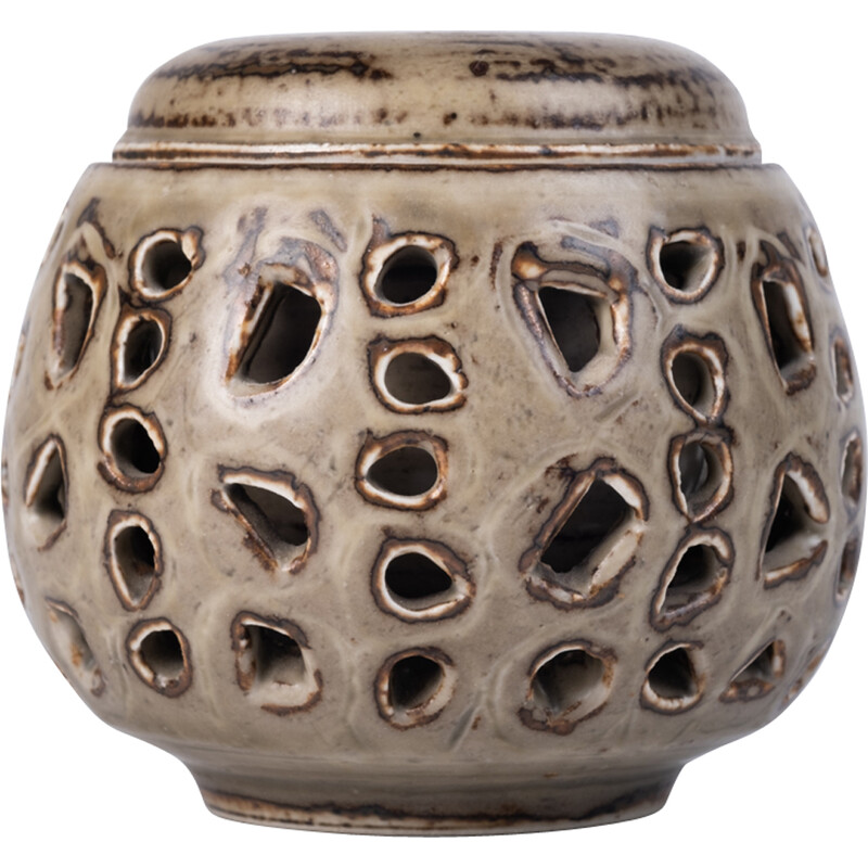 Cuenco danés vintage de cerámica tallada con agujeros, años 50