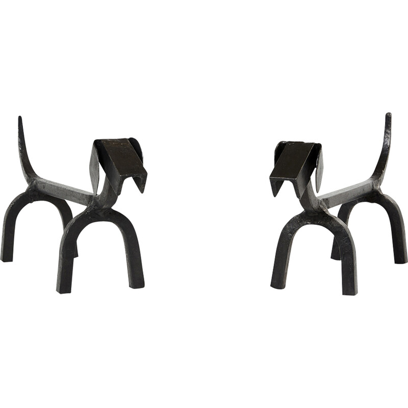 Pair of vintage wrought iron andirons by Edouard Schenck, 1950