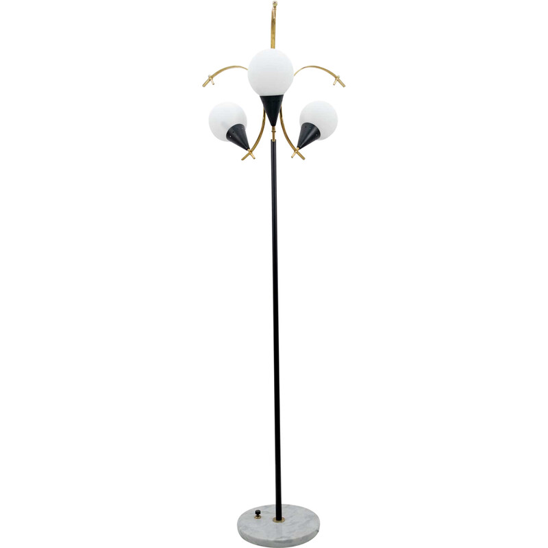 Stilnovo vintage Italian brass and opaline glass floor lamp, 1950s