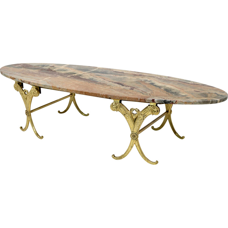 Tavolino ovale italiano d'epoca in ottone e marmo, anni '50