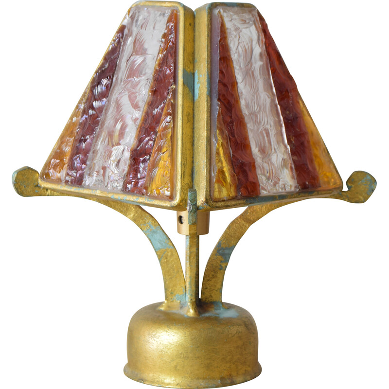Lámpara de mesa vintage Brutalista en metal y Murano martillado de Longobard, Italia