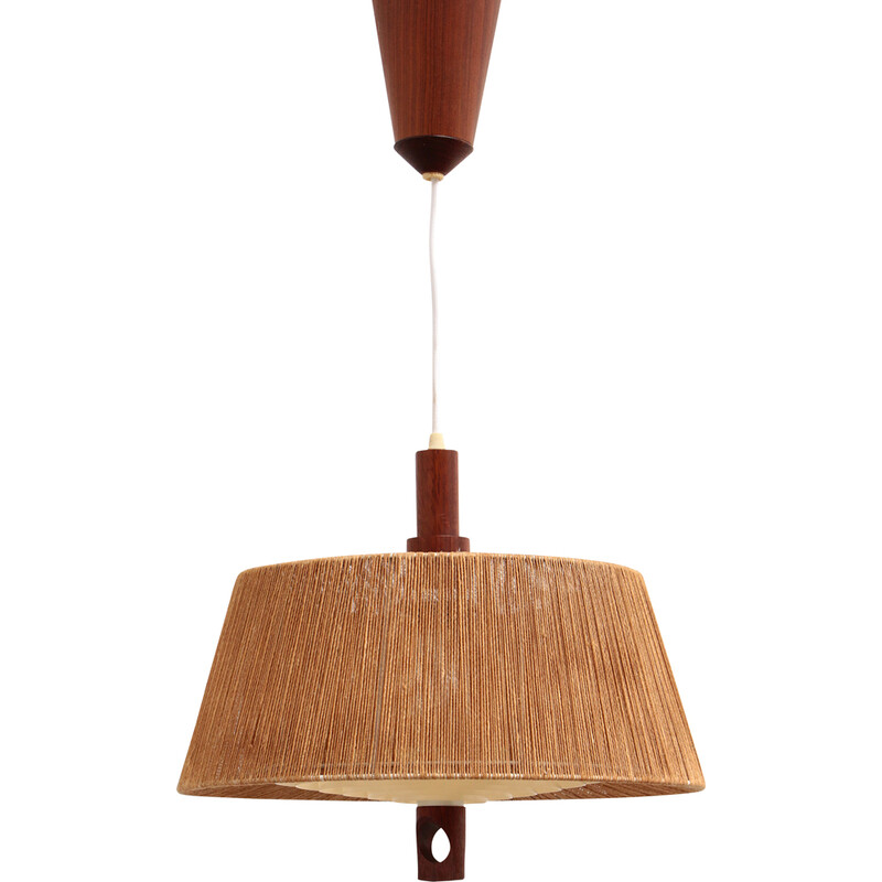 Vintage Temde pendant lamp with walnut and raffia, 1960s