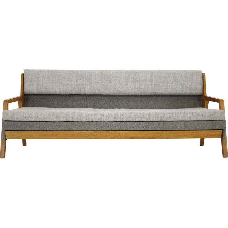 Vintage oakwood 3-seater sofa-bed, Czechoslovakia 1970s