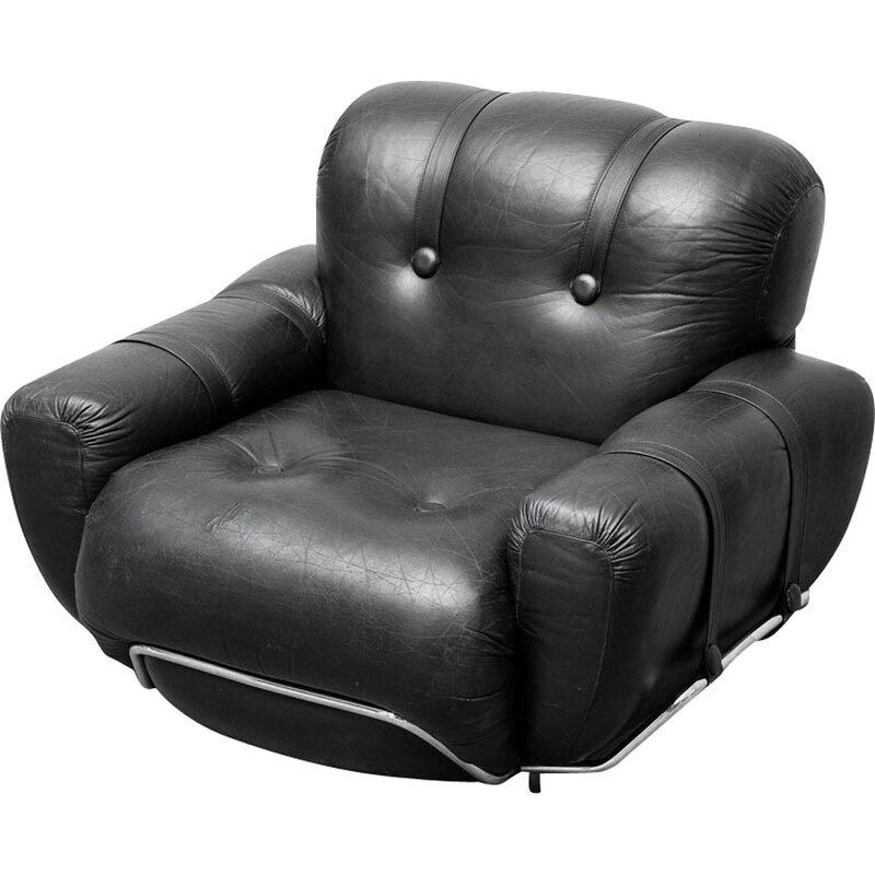 Vintage armchair in black leather and metal, 1970