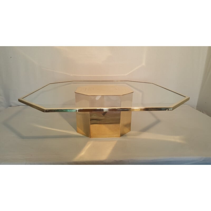 Brass coffee table engraved and glass by Jenalzi - 1970s