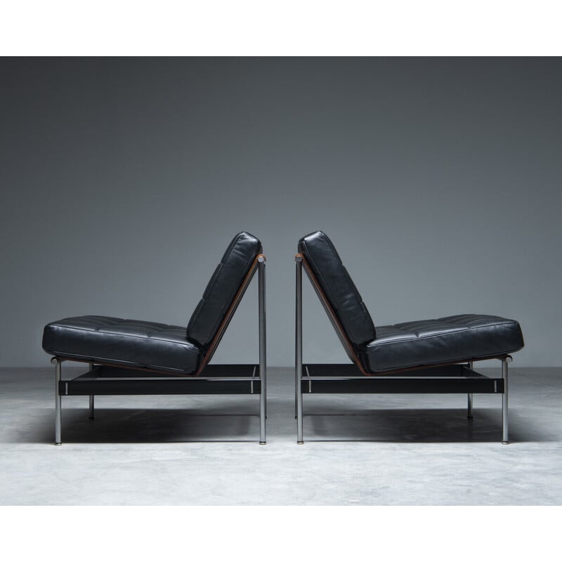 Paar vintage '416' fauteuils met zwart lederen kussens van Kho Liang Ie voor Artifort, Nederland 1950