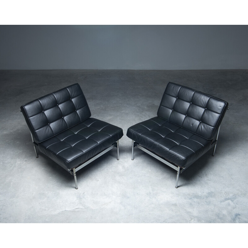 Pair of vintage '416' armchairs with black leather cushions by Kho Liang Ie for Artifort, Netherlands 1950