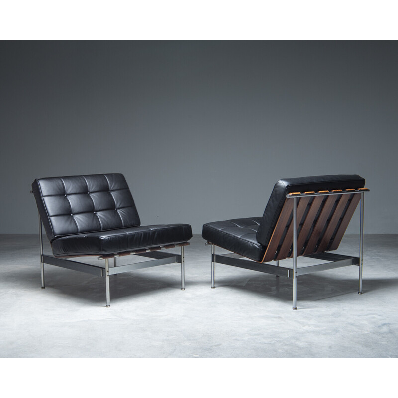 Pair of vintage '416' armchairs with black leather cushions by Kho Liang Ie for Artifort, Netherlands 1950