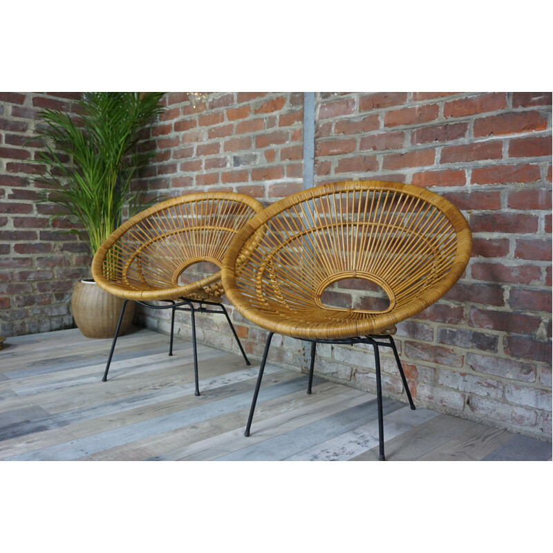 Paire de fauteuils soleil en rotin par Janine Abraham - 1950s
