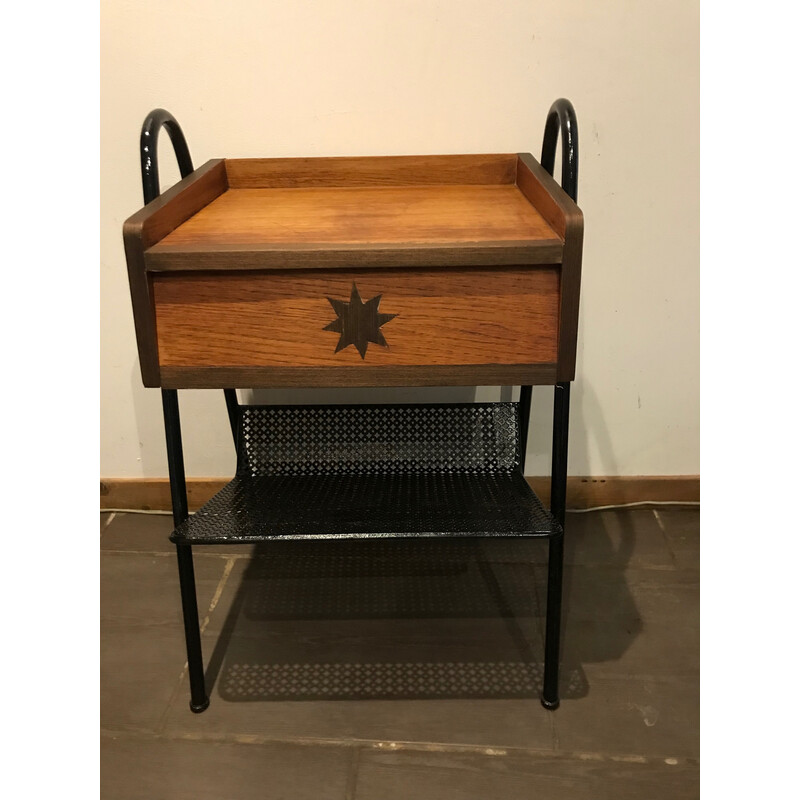 Vintage night stand in wood and perforated metal