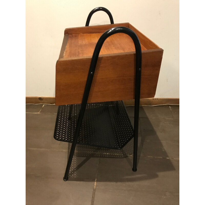 Vintage night stand in wood and perforated metal