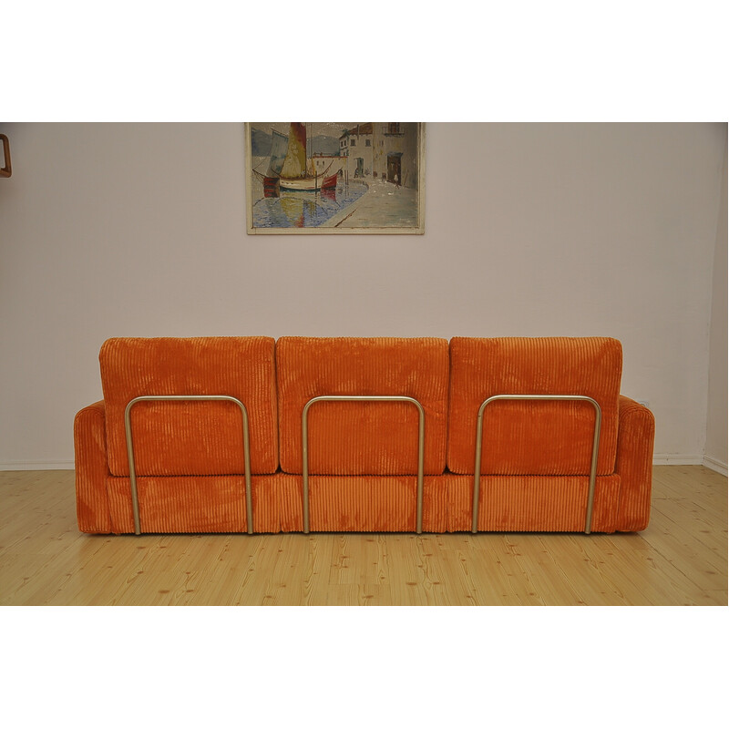 Set da salotto vintage componibile arancione in tessuto a coste, anni '70