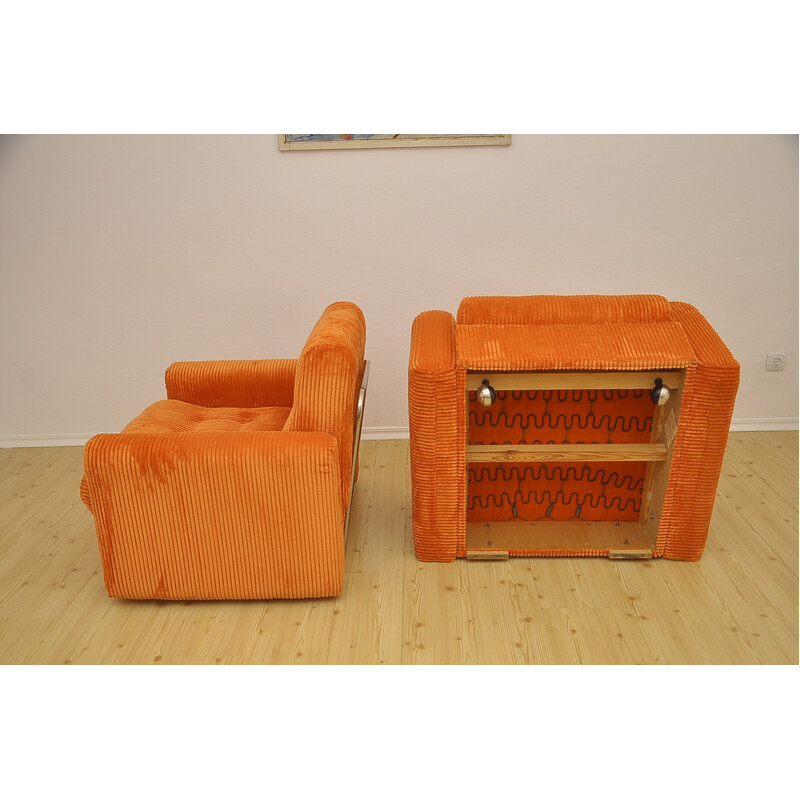 Vintage modular living room set in orange corduroy fabric, 1970s