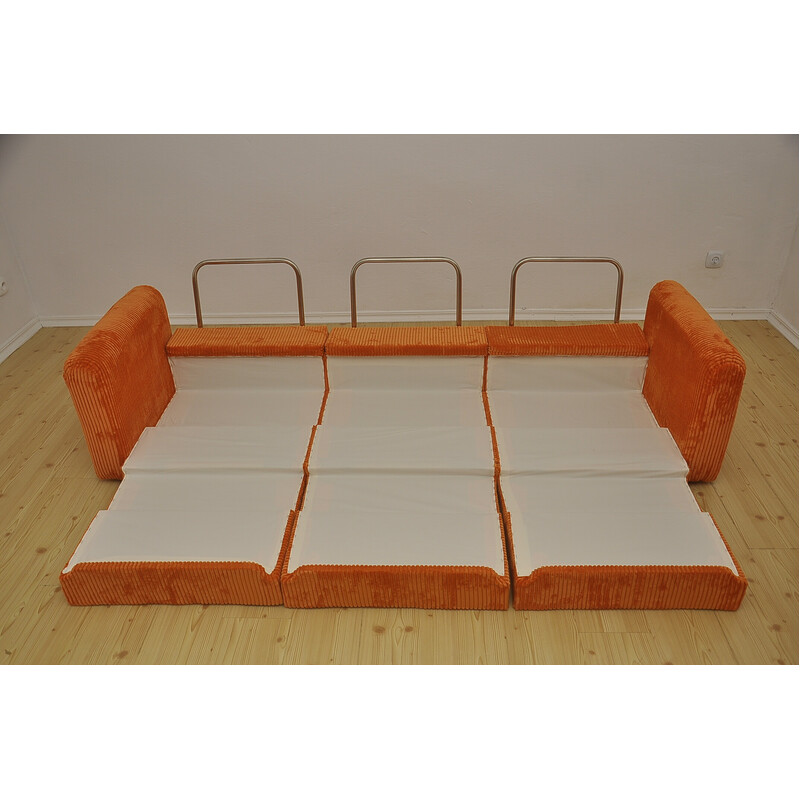 Set da salotto vintage componibile arancione in tessuto a coste, anni '70