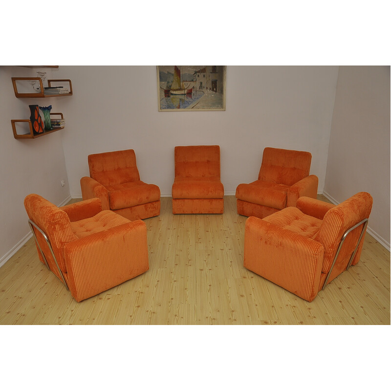 Vintage modular living room set in orange corduroy fabric, 1970s