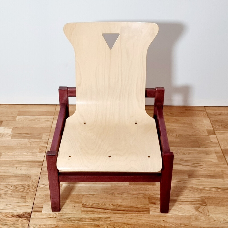 Juego de 4 sillones vintage de madera teñida y roble claro, 1980