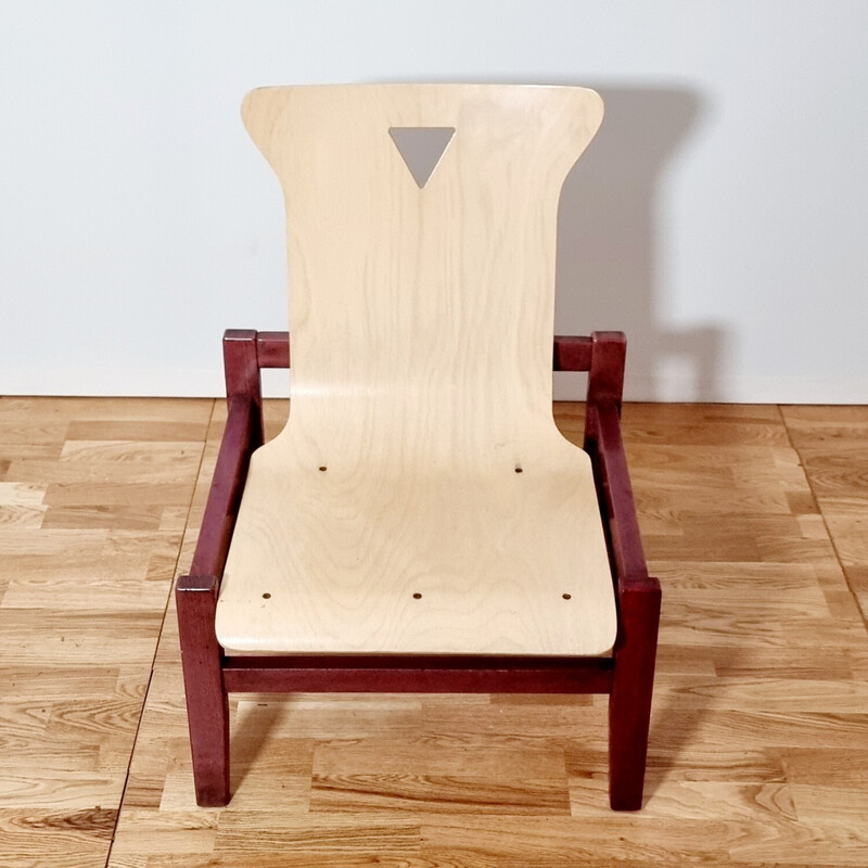 Suite of 4 vintage stained wood and light oakwood armchairs, 1980