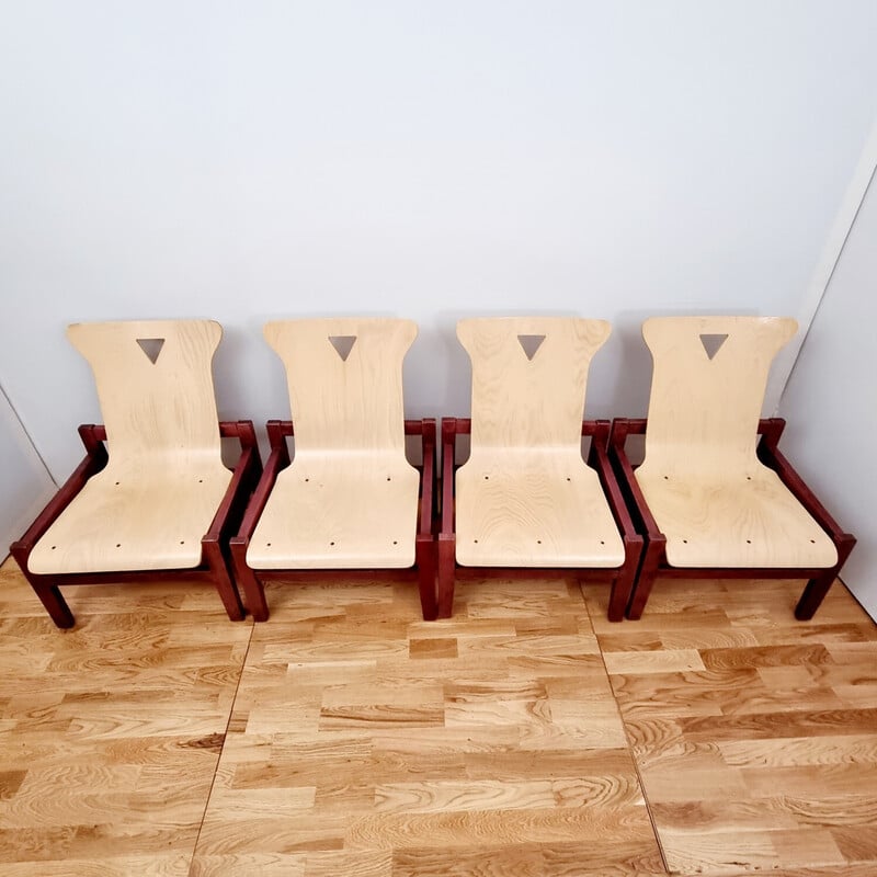 Juego de 4 sillones vintage de madera teñida y roble claro, 1980