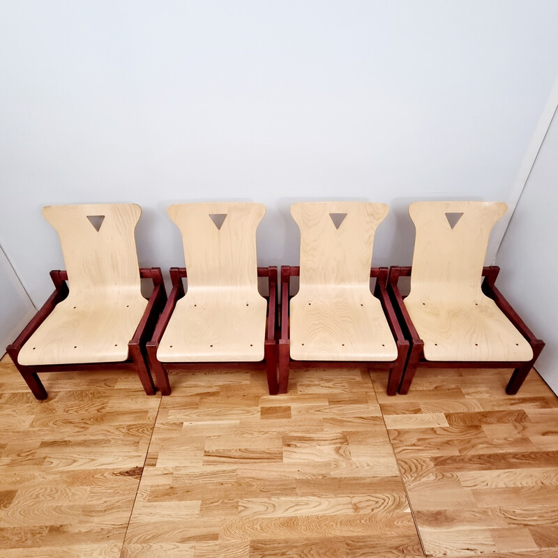 Suite of 4 vintage stained wood and light oakwood armchairs, 1980