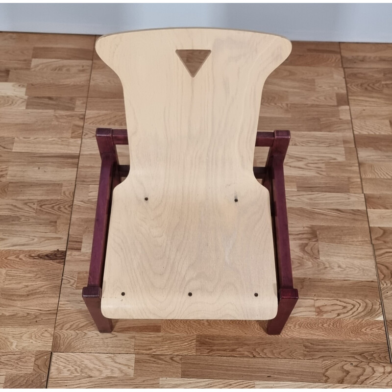 Suite de 4 fauteuils vintage en bois teinté et chêne clair, 1980
