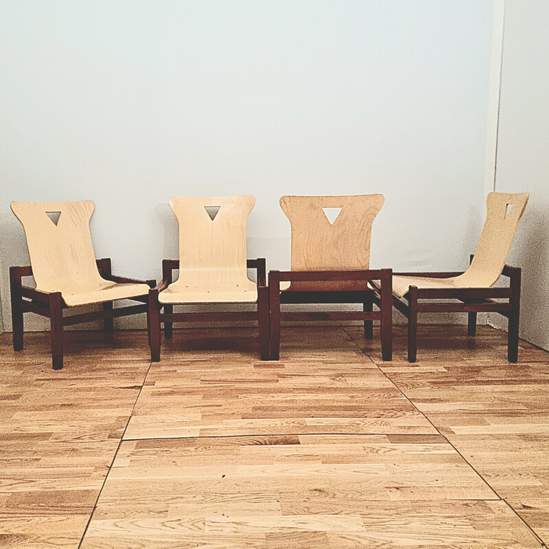 Conjunto de 4 poltronas de madeira vintage corada e de carvalho claro, 1980