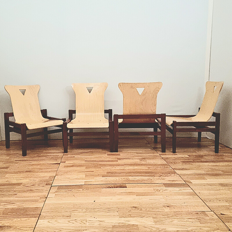 Suite of 4 vintage stained wood and light oakwood armchairs, 1980